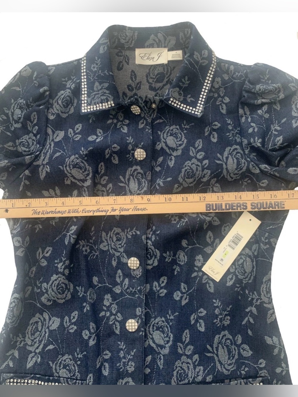 NEW Womens Size 4 Eliza J Floral Rhinestone-Trim Collared Denim Shirtdress $158 - Picture 8 of 13
